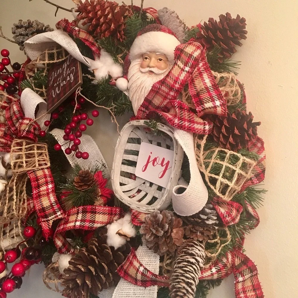 New Floral Rustic Designer Farmhouse Plaid Pinecone Christmas Door Wall Wreath
